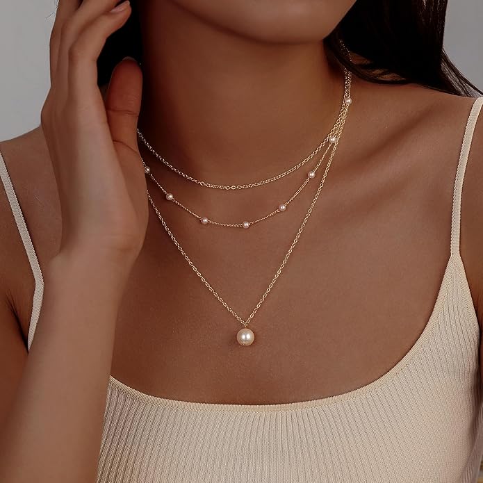 Evabelle Gold Layered Necklace for Women Trendy Jewelry 14K Real Gold Plated Chunky Chain Stackable Necklaces Dainty Choker Necklaces Rectangle Square Pendant