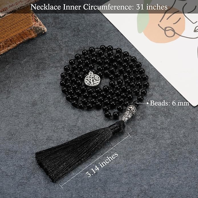 INBLUE 108 Mala Prayer Beads Wrap Necklace with Long Tassel Boho Necklace for Women Amazonite Bead Bracelet with Spiritual Tree of Life Pendant 108 Beads Necklace for Meditation