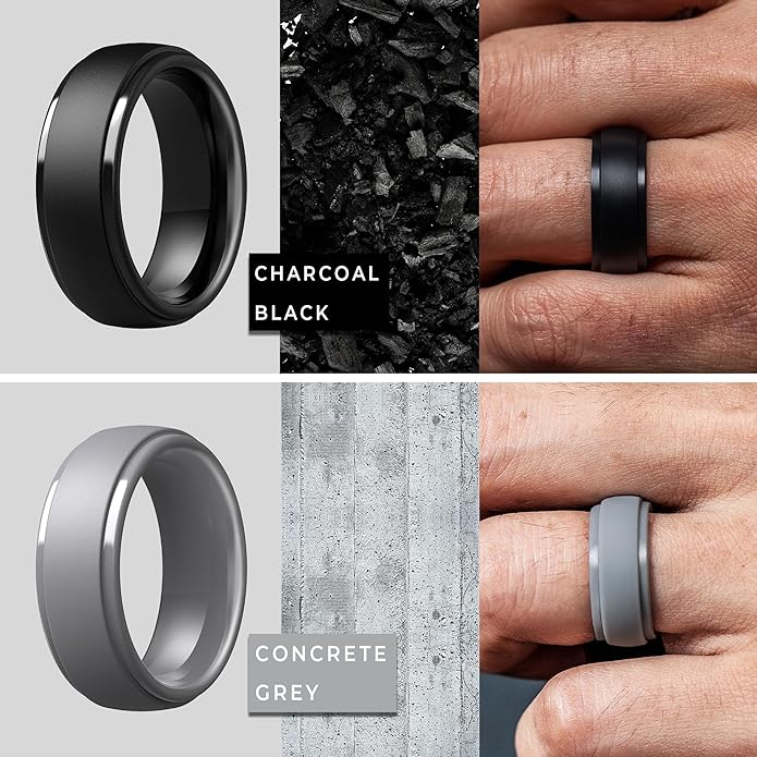 ThunderFit Silicone Rings for Men - 7 Rings / 4 Rings / 1 Ring Step Edge Rubber Wedding Bands 10mm Wide - 2.5mm Thick