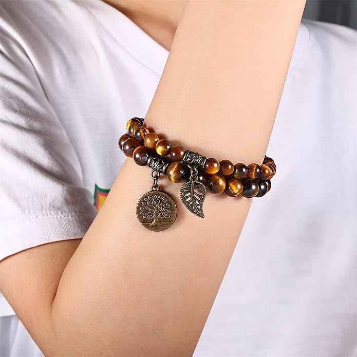 Bivei Natural Semi Precious Gemstone beads bracelet for women - Life Tree and Leaf Charm Energy Reiki Crystal Stretch Bracelets