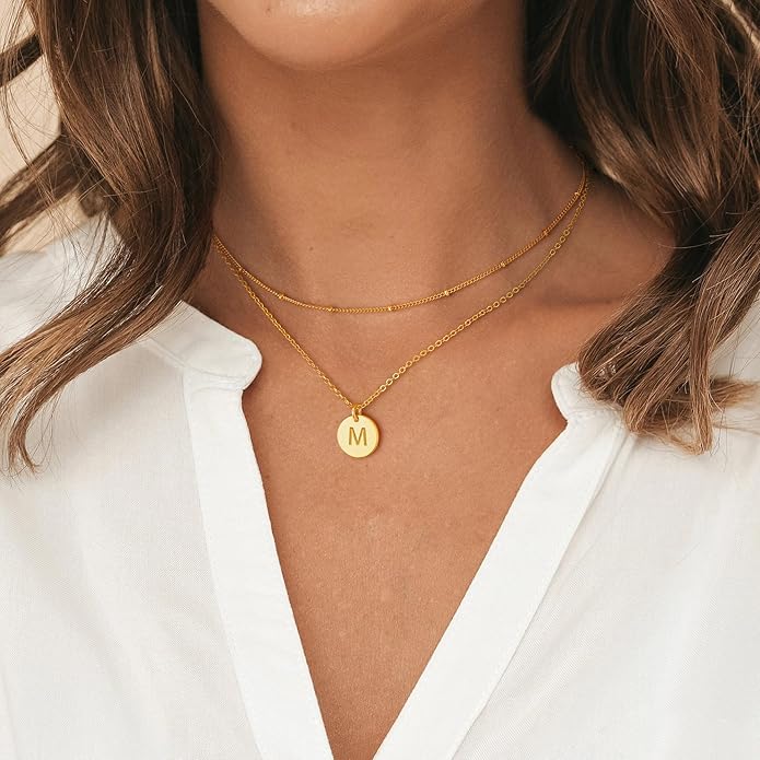 Valentines Gifts for Her - Initial Layered Necklaces for Women, 14K-Gold-Plated Coin Letter Necklace Bar Stacking Layer Necklace Multi Bar Layering Y-Necklaces Jewelry for Women
