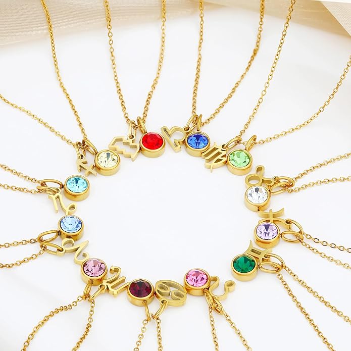 MISS RIGHT Initial Birthstone Necklace for Women - Personalized Gifts Birthday Gifts for Women Stainless Steel 18K Gold Plated Dainty Gold Zodiac Sign 12 Constellation Horoscope Necklace Jewelry
