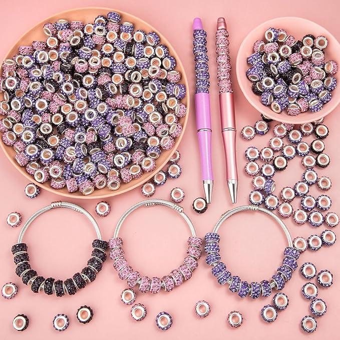 200 Pieces European Large Hole Spacer Beads, Purple European Craft Beads Rhinestone Lampwork Beads Fairy Garden Beads for DIY Charms Bracelet Necklace Earring Jewelry Making Supplies