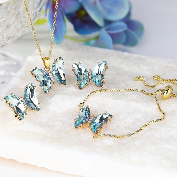 MISS RIGHT Butterfly Crystal Jewelry Set with Butterfly Necklace Stud Earrings Bolo Bracelet Adjustable Ring for Women Trendy, Iridescent Y2K Dainty Butterfly Jewelry Gifts