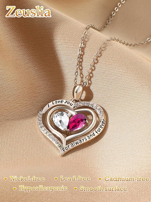 Valentine's Day Gifts for Wife 925 Sterling Silver Double Birthstone Pendant Necklaces I Love You for Always and Forever Necklace Anniversary Birthday Gifts for Wife Girlfriend Mom Her