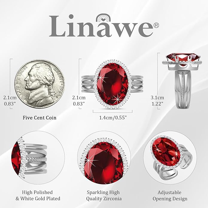 Linawe Birthstone Chunky Adjustable Rings for Women, Gold/Silver/Rose Gold Statement Rings, Imitation Diamond Fake Gemstone Crystal Cocktail Ring, Cubic Zirconia Costume Jewelry