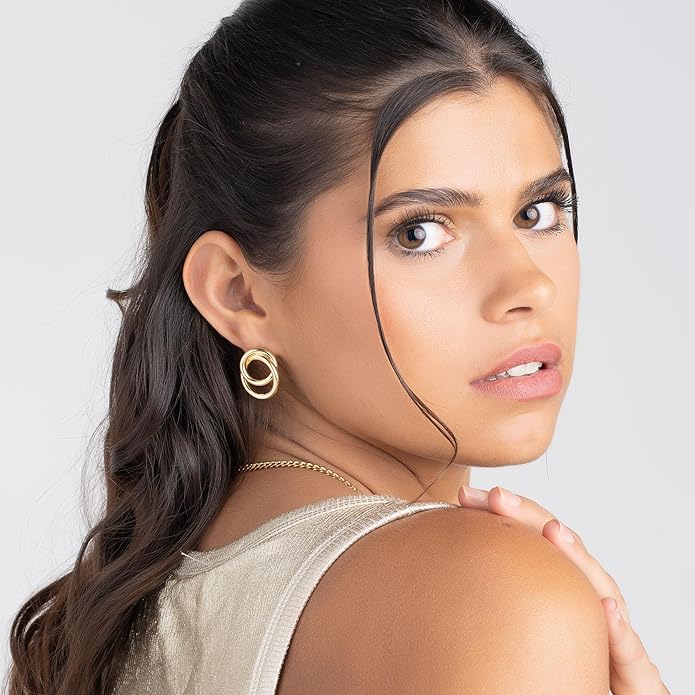 Barzel 18K Gold Plated Double Loop Dangling Earrings, High Polish Finish, Intertwined Design, Made in Brazil