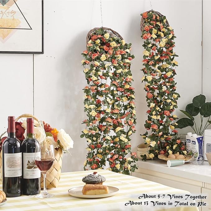 8Pcs x 8.2FT Artificial Flower Garland Rose Vine Decor, Champagne Flower | - Image 3