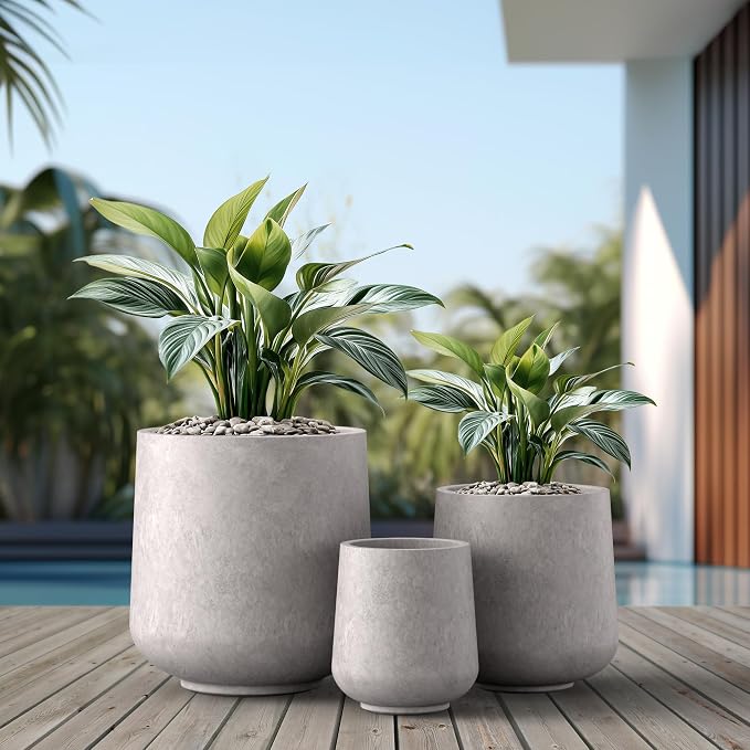 Kante Set of 3 CON Gray Concrete Curved Planters 16.5" 13" 9.4" Dia | Drainage - Image 3