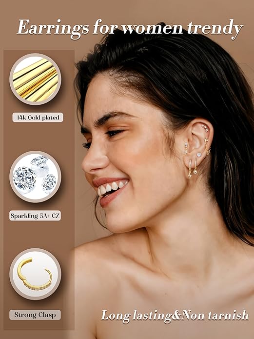 Dochais Flat Back Cartilage Earrings for Women Trendy Dainty CZ Flatback Studs Earing Sets 14k Gold Plated Hypoallergenic Huggie Hoops Earring Stacks for Multiple Piercing