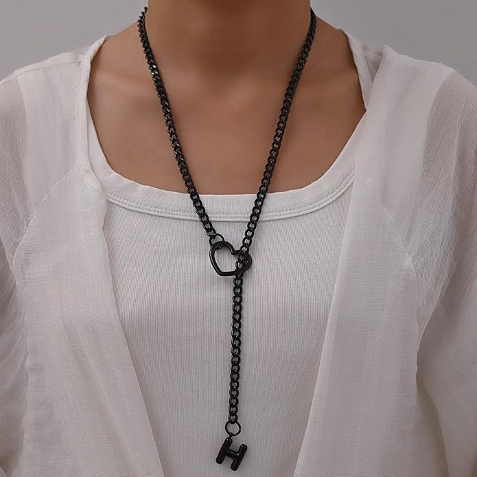 Black Heart Slip Chain Initial Necklaces for Women,Stainless Steel O-Ring Adjustable Lariat Heart Y-Necklace,Punk Gothic Cuban Collar Choker Necklace for women