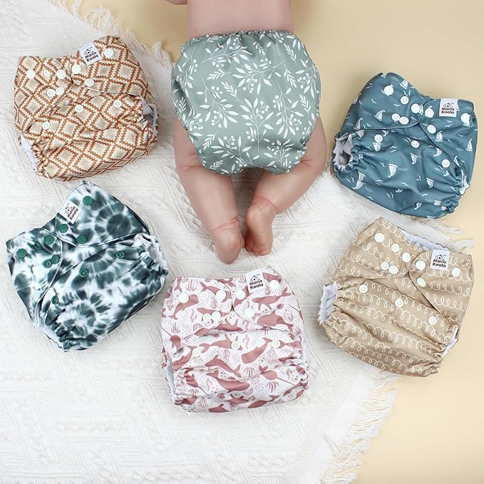 Mama Koala 3.0 Pocket Cloth Diapers for Babies with AWJ Lining, 6 Pack with 6 5-Layer Natural Cloth Diaper Inserts - Reusable and Washable Pocket Diapers(A-Calm Spring)