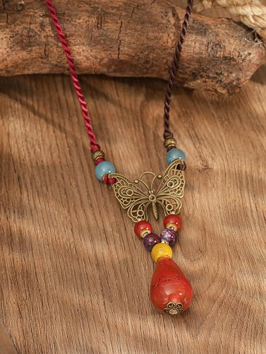 MINACHI Hippie Boho Colorful Ceramic Bead Butterfly Charm Pendant Y Necklace, Vintage Bohemian Statement Jewelry Gift for Women