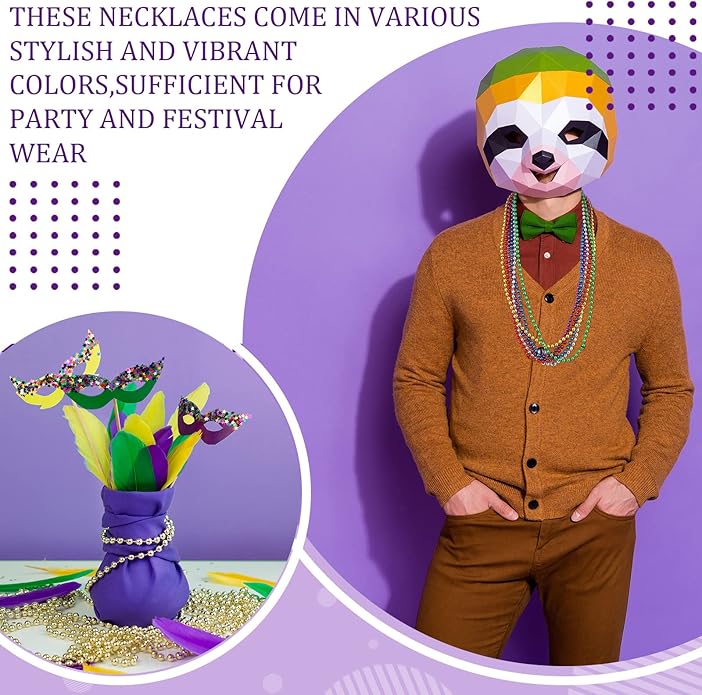 Yinkin 200 Pcs Mardi Gras Beads Necklaces Bulk 33 Inch 7 mm Colorful Assorted Round Mardi Gras Beaded Necklaces Throw Parade Accessories for Carnival Party Decorations Supplies