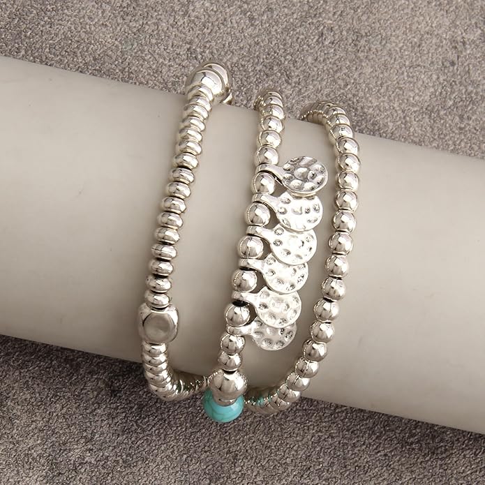 Gold Cuff Bracelet for Women Silver Beaded Bracelets Open Bangle Stackable Stretch Bead Bracelet Boho Jewelry Gifts for Wife Couple