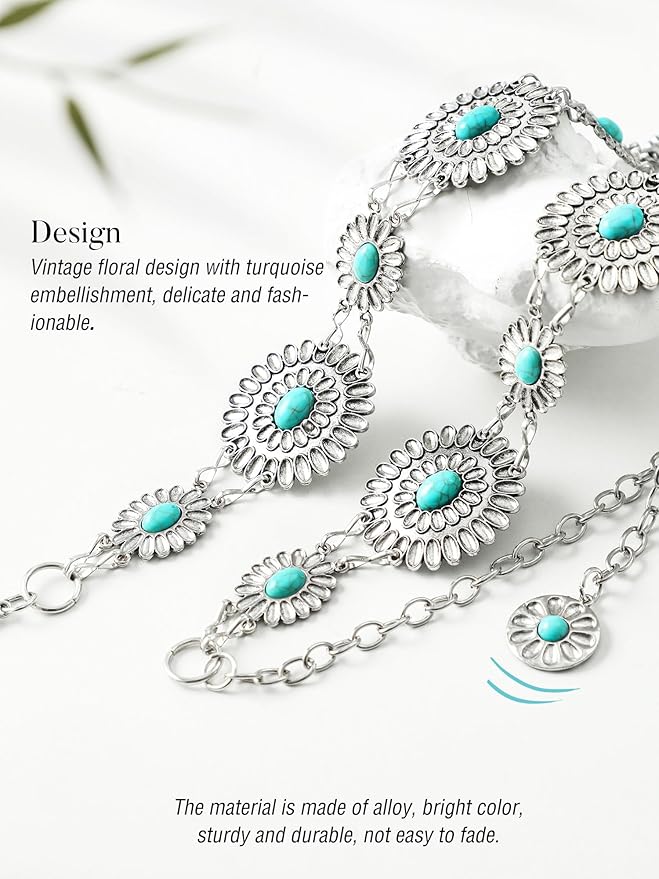 FIORETTO Metal Waist Chain Link Belt for Women Western Cowgirl Boho Turquoise Belts for Dress Jeans Country Concert Outfit