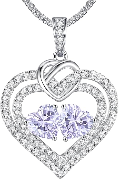 LOUISA SECRET Sparkling Double Heart Birthstone Necklaces for Women, 925 Sterling Silver Fine Jewelry, Pendant Heart Necklaces Birthday Anniversary Christmas Gift for Women Wife Mom Girlfriend Lady