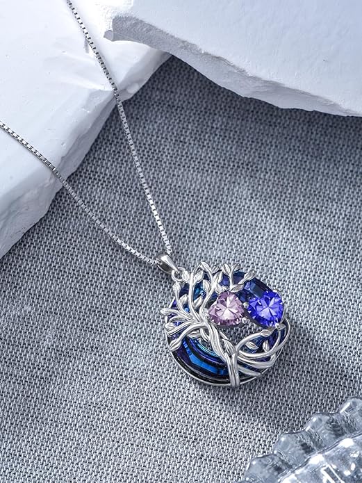 TOUPOP s925 Sterling Silver Family Celtic Tree of Life Pendant Necklaces with 2 Heart Birthstone with Blue Austrian Crystal Jewelry Birthday Valentines Day Gifts for Her, Anniversary Christmas Gifts for Wife Girlfriend Mom (18K Real White Gold Filled)