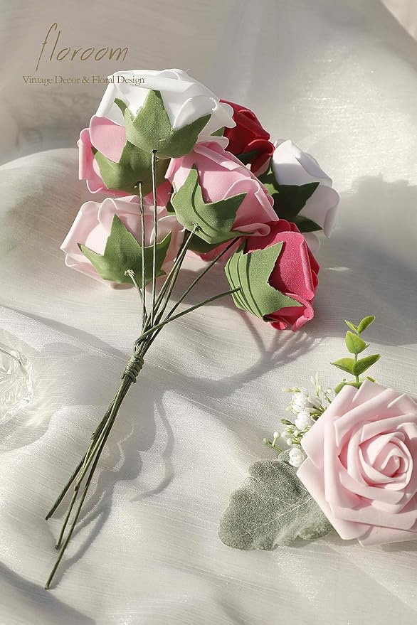 Artificial Flowers 25pcs Real Looking Blush Pink Ombre Colors Foam Fake Roses - Image 6