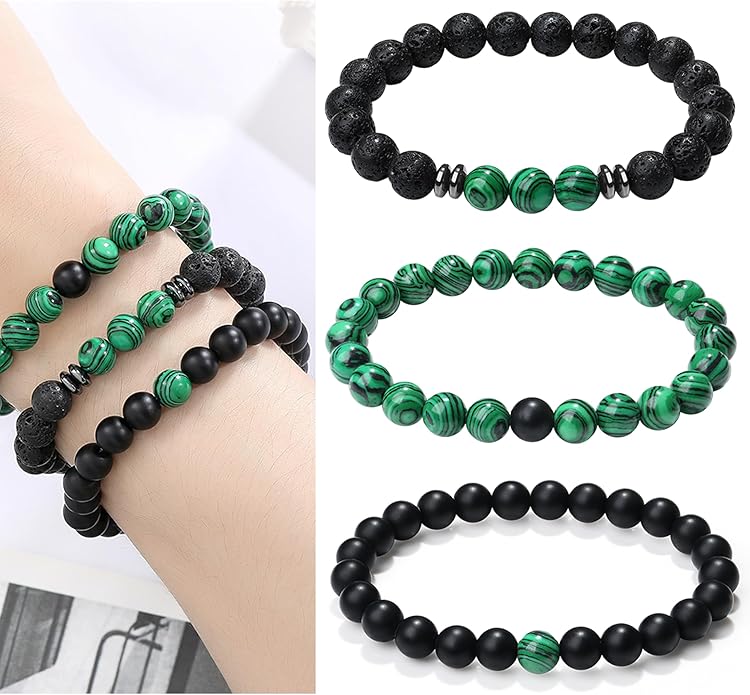 XIANNVXI Natural Stone Beads Bracelet for Men Crystal Bracelets 8MM Tiger Eye Lava Rock Obsidian Beaded Bracelet Set Black/Red/Blue Crystal Beaded Bracelets for Men