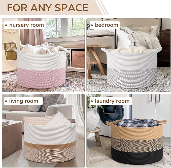 INDRESSME 115L Extra Large Woven Rope Blanket Basket Living Room | 23.6" x - Image 4