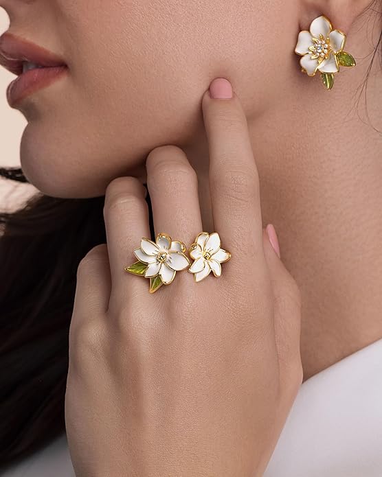 Gold Rose Pink Enamel Floral CZ FULLY ADJUSTABLE Statement Open Ring for Women by SNGIA, Daisy Orchid Flower Leaf Summer Beach Handmade Unique Pinky Band, Chunky Sunflower Stackable Cute Cuff Cocktail Ring Birthday Gift, Natural Bold Exaggerated Irregu...