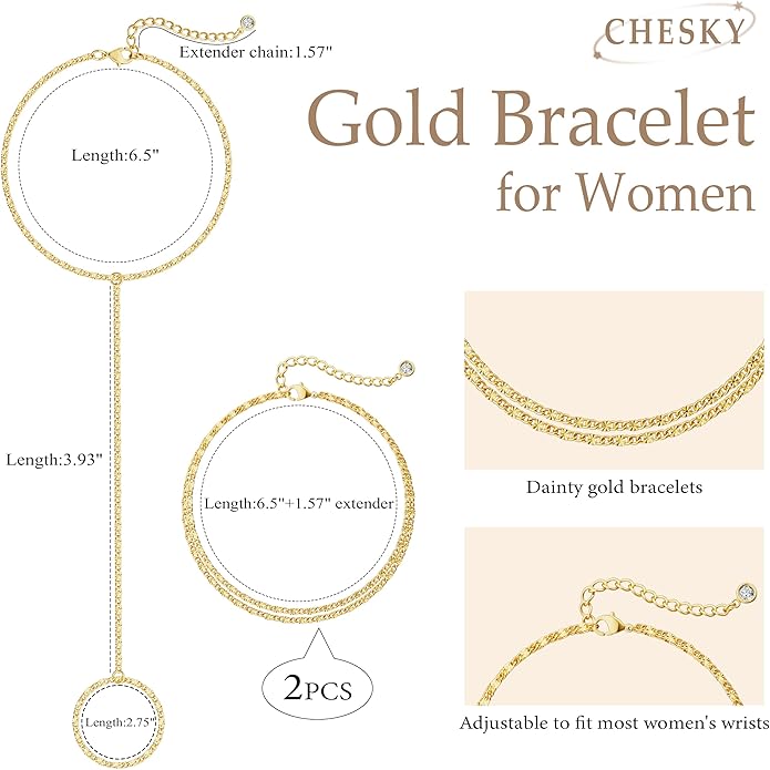 CHESKY 14K Gold Plated Hand Chain Bracelets for Women Set - Dainty Finger Ring Bracelet Stack Adjustable Hand Chains Durable Beaded Bracelets Trendy Simple Body Jewelry Gift for Women