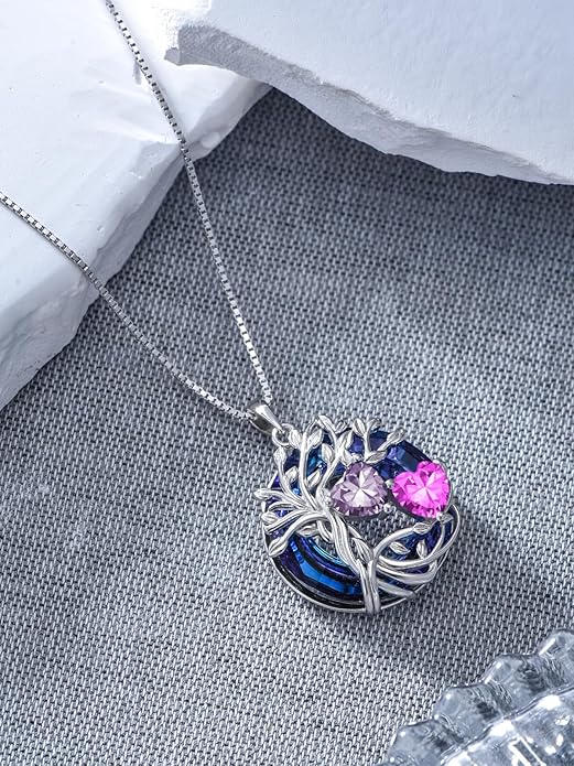 TOUPOP s925 Sterling Silver Family Celtic Tree of Life Pendant Necklaces with 2 Heart Birthstone with Blue Austrian Crystal Jewelry Birthday Valentines Day Gifts for Her, Anniversary Christmas Gifts for Wife Girlfriend Mom (18K Real White Gold Filled)