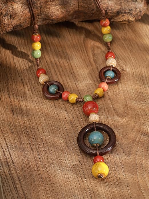 MINACHI Boho Hippie Colorful Ceramic Beads Strand O Ring Circle Charm Long Y Necklace, Vintage Bohemian Statement Jewelry Gift for Women