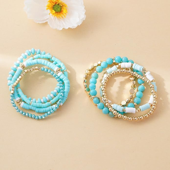 GOOJIDS Surfer Heishi Clay Bead Bracelets for Women Bohemian Stackable Gold Plated Beaded Stretch Bracelets Elastic Layering Friendship Bracelets Set Boho Jewelry
