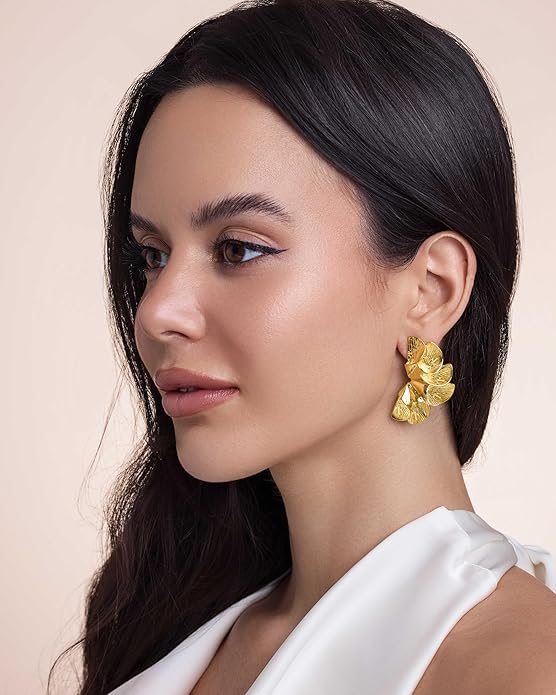 18K Gold Plated Large Chunky Flower Statement Earrings for Women by SNGIA, Summer Beach Floral Handmade Drop Jewelry, Maximalist Wedding Date Birthday Gift, Bold Exaggerated Textured Dangle Trendy Ribbed Jewelry, 18K Gold Plated Chandelier Fashion Acce...