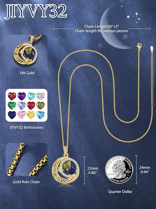 14K Gold Moon and Star Necklace Gifts for Women - Double Heart Birthstone Necklace, Valentines Wedding Anniversary Birthday Gifts for Her Wife Mom Daughter Grandma Sister