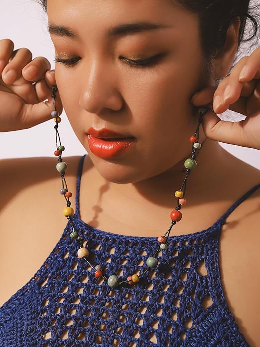 MINACHI Hippie Bohemian Colorful Ceramic Bead Long Strand Necklace, Boho Hippie Beach Summer Statement Jewelry Gift for Women