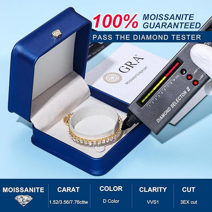 Moissanite Tennis Bracelet 1.79ct-8.69ct Adjustable Bracelet for Women 18K White Gold Plated S925 Sterling Silver Tennis Bracelet D Color VVS1 Round Cut 2/3/4mm Moissanite Bracelet Gifts for Wife/Mom