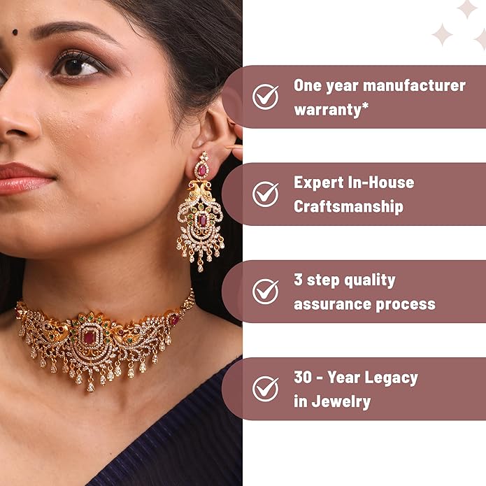 TARINIKA Brass Indian Choker Necklace Set - Gold Plated Cubic Zirconia Indian Jewelry Sets for Women Dangle, Drop, Jhumka Earrings Traditional Desi Necklace Pearls Gift for her