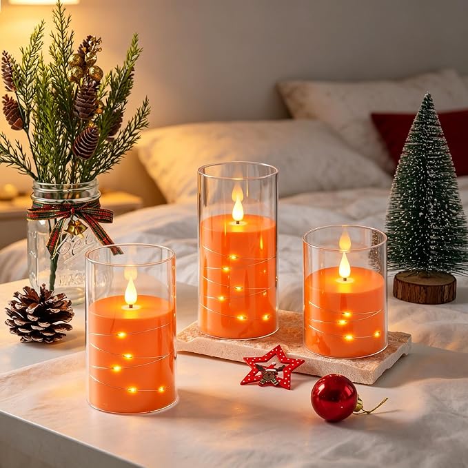 Da by 3 Pack Orange Transparent Acrylic Flameless Taper Candles, Flickering - Image 2