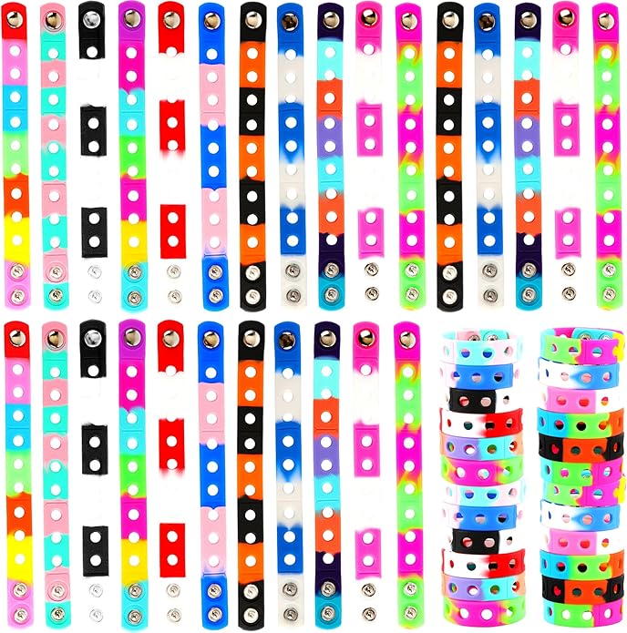 66 Pcs Silicone Charm Bracelets Adjustable Cute Kids Rubber Bracelets Bulk Colorful Wristbands with Holes for Shoe Birthday Party Gifts Identify, 11 Colors