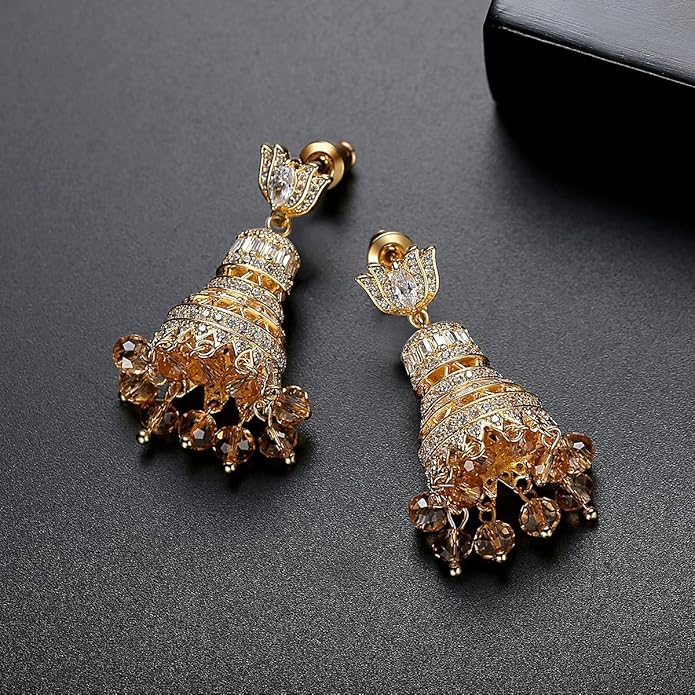 14K Gold Crystal Chandelier Earrings for Women,Vintage Court Style Yellow Crystal Tassel Long Drop Earrings,Fashion Earrings Jewelry Gift for Her