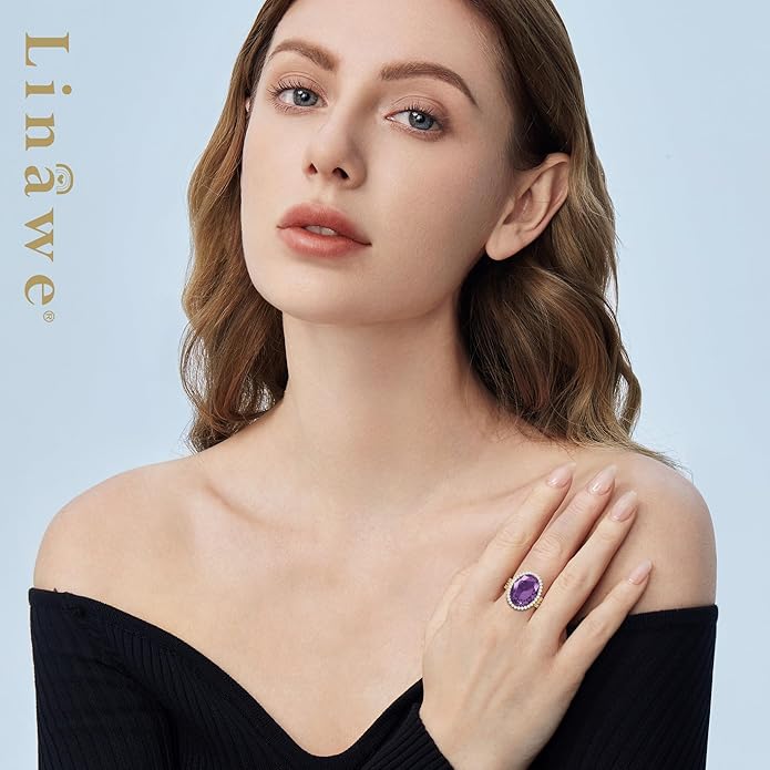 Linawe Birthstone Chunky Adjustable Rings for Women, Gold/Silver/Rose Gold Statement Rings, Imitation Diamond Fake Gemstone Crystal Cocktail Ring, Cubic Zirconia Costume Jewelry