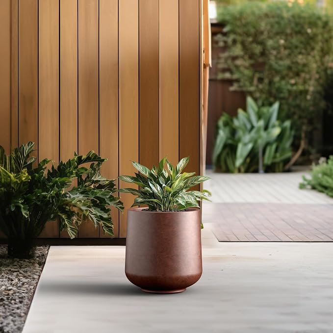 Kante Accent Round Curved Rusty Concrete Planter 13" Dia, Outdoor | Rubber Plug - Image 5