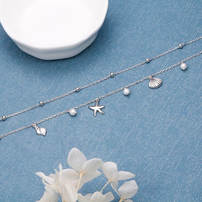 S925 Sterling Silver Ankle Bracelets Anchor/infinity/Starfish Anklet for Women Blue Opal Moonstone Anklet Foot Chain Beach Anklets Jewelry