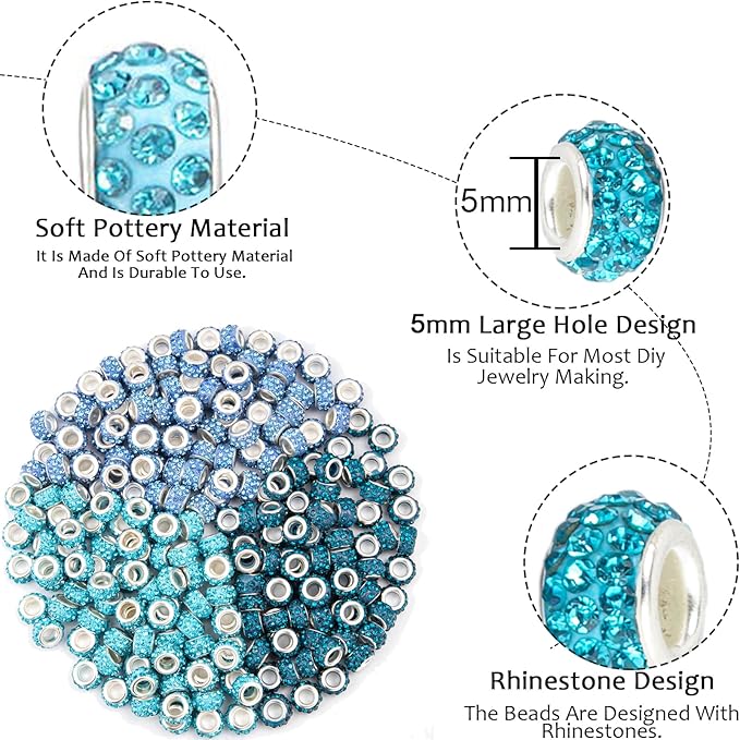 200 Piece Zyehxed Blue European Craft Beads - Large Hole Rhinestone Lampwork Fairy Garden Beads for DIY Charms Bracelet Necklace Earring Jewelry Making