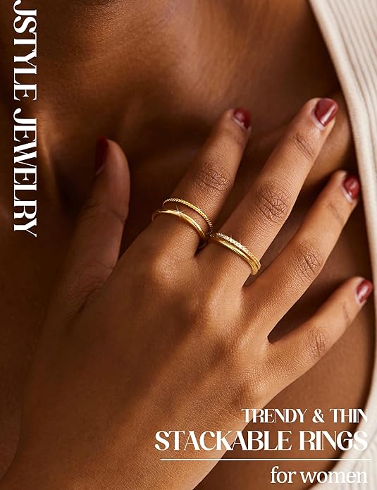 Jstyle Gold Stackable Rings for Women Non Tarnish Open Adjustable Rings Cubic Zirconia Thin Thumb Silver Ring Set 14K Gold Filled Pinky Knuckle Stacking Set - Dainty Statement Promise Band Ring Sets