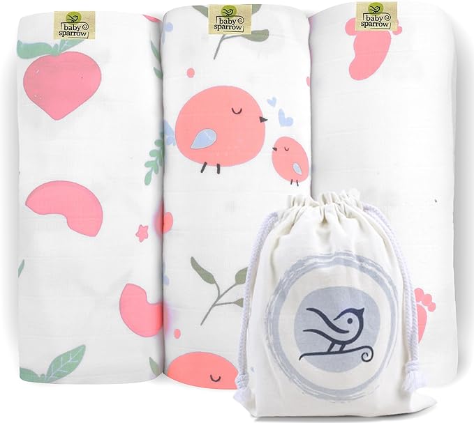 BabySparrow 3 Pack Muslin Swaddle Blankets - Soft, Lightweight, Breathable Cotton Newborn Swaddle, Baby Girl and Baby Boy Receiving Blankets, 47 x 47 Inches, Nursery Essentials