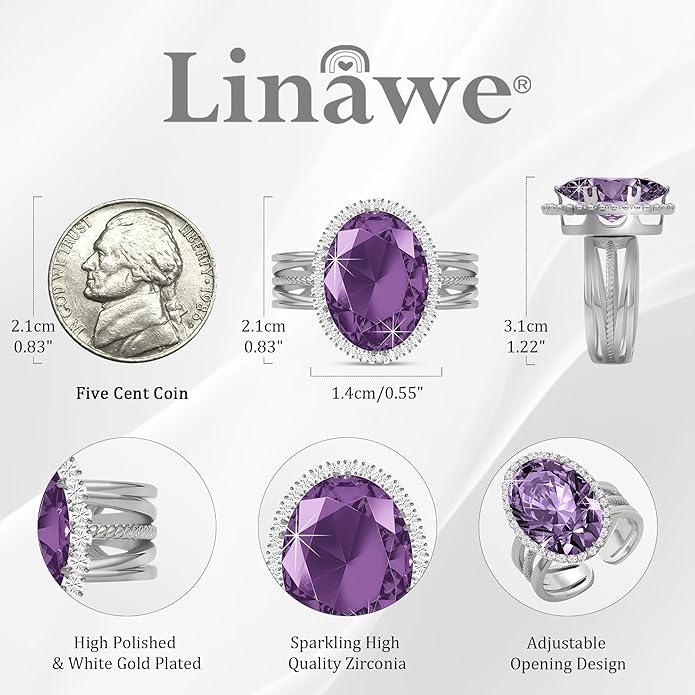 Linawe Birthstone Chunky Adjustable Rings for Women, Gold/Silver/Rose Gold Statement Rings, Imitation Diamond Fake Gemstone Crystal Cocktail Ring, Cubic Zirconia Costume Jewelry