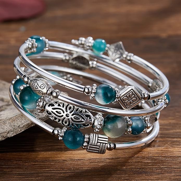 BULINLIN Layered Wrap Bangle Turquoise Bracelet - Bead Bracelet with Natural Agate Stone, Gifts For Women