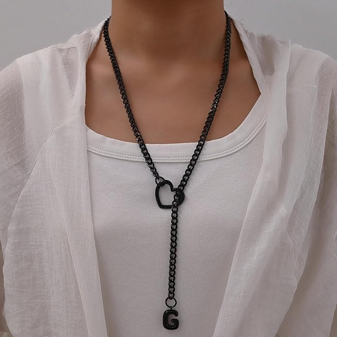 Black Heart Slip Chain Initial Necklaces for Women,Stainless Steel O-Ring Adjustable Lariat Heart Y-Necklace,Punk Gothic Cuban Collar Choker Necklace for women