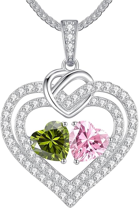 LOUISA SECRET Sparkling Double Heart Birthstone Necklaces for Women, 925 Sterling Silver Fine Jewelry, Pendant Heart Necklaces Birthday Anniversary Christmas Gift for Women Wife Mom Girlfriend Lady
