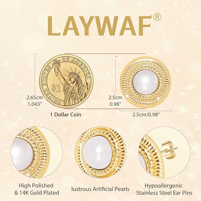 Faux Pearl Gold Plated Stud Earrings for Women, Hypoallergenic Stainless Steel Ear Pin, Available in a Variety of Pearl Colors