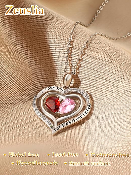 Valentine's Day Gifts for Wife 925 Sterling Silver Double Birthstone Pendant Necklaces I Love You for Always and Forever Necklace Anniversary Birthday Gifts for Wife Girlfriend Mom Her